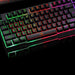 The Ninja Dragons Z4 104 Keys LED Flame Gaming Keyboard by Yellow Pandora features stunning RGB backlighting, showcasing a mesmerizing gradient of colors from green to red. With its standard QWERTY layout and a prominently lit orange spacebar, this mechanical keyboard enhances your gaming experience with an intriguing visual flair.