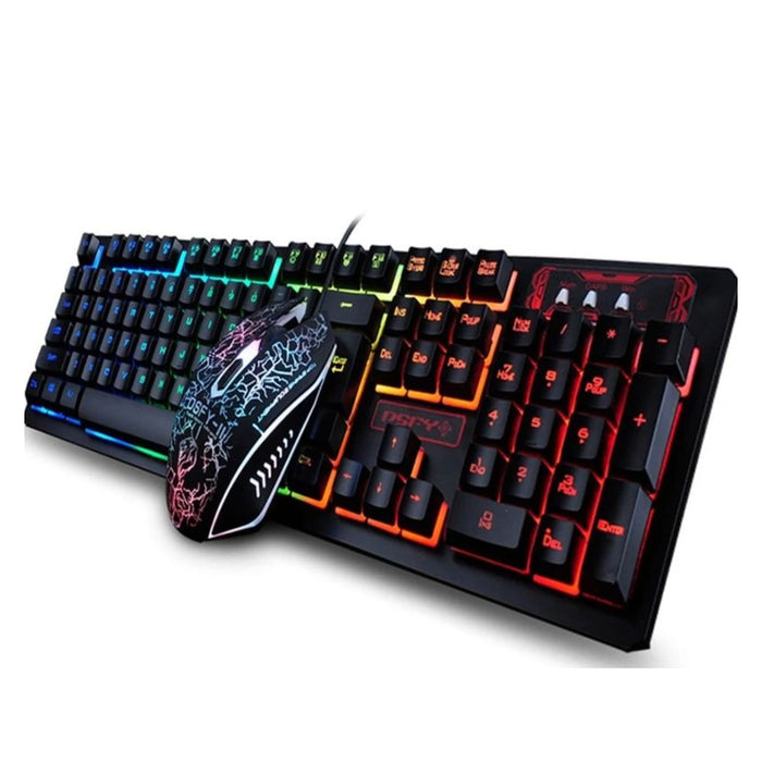 The Ninja Dragons Z4 104 Keys LED Flame Gaming Keyboard by Yellow Pandora features a sleek black design and multicolor LED backlighting, with keys glowing in a gradient of blue, green, yellow, and red. Accompanying it is a matching gaming mouse with an equally stylish black design and illuminated patterns, also showcasing vibrant multicolor LED lighting.