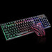 The Yellow Pandora Ninja Dragons Z4 104 Keys LED Flame Gaming Keyboard with 2000 DPI showcases vibrant RGB backlighting under each key in shades of green, red, and blue. Resting on top of this black keyboard is a matching wired gaming mouse featuring a unique pink and black cracked pattern.