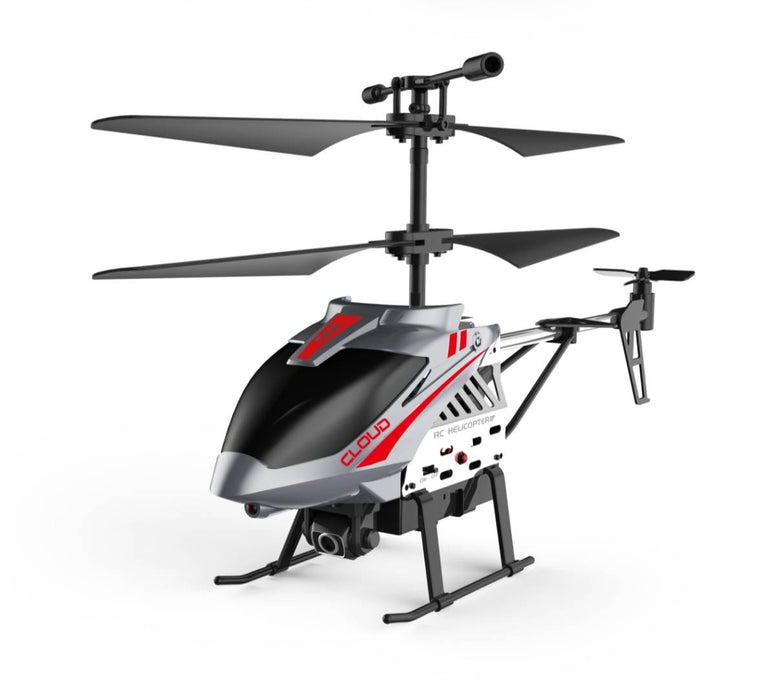 A sleek and modern remote control helicopter, the 2.4G 4CH Sky Max RC Flying Helicopter with Camera and Lights by Ivory Coeus features a black and silver body with red accents, dual rotors, and a front-mounted camera. With the word "CLOUD" printed on its side, this helicopter is perfect for beginner RC pilots as no assembly is required. It is shown against a white background.