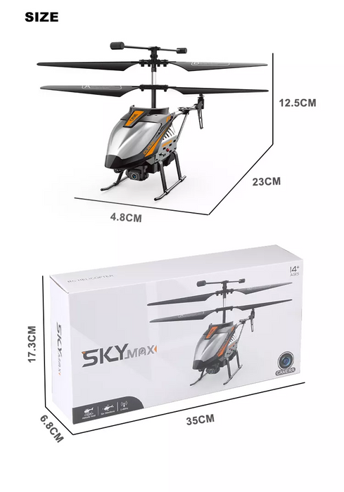 An image shows a silver remote-controlled helicopter labeled "2.4G 4CH Sky Max RC Flying Helicopter with Camera and Lights" by Ivory Coeus, boasting high performance. With dimensions: 12.5 cm height, 23 cm length, and 4.8 cm width, it's perfect for beginner RC pilots. Below, the box packaging is displayed with dimensions of 17.3 cm height, 35 cm length, and 6.8 cm width.
