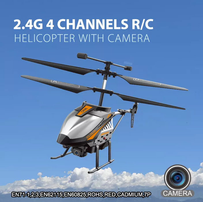 An image of the Ivory Coeus 2.4G 4CH Sky Max RC Flying Helicopter with Camera and Lights, perfect for beginner RC pilots. The sleek silver body boasts black and orange accents, while the front-mounted camera is ready to capture stunning shots. A clear blue sky with scattered clouds forms the backdrop.