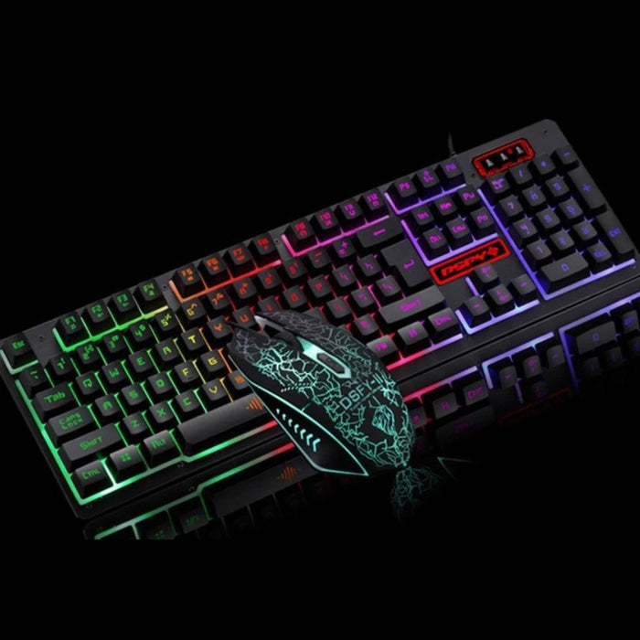 Introducing the Ninja Dragons Z4 104 Keys LED Flame Gaming Keyboard with 2000 DPI from Yellow Pandora—a gaming keyboard and mouse set that boasts vibrant RGB backlighting. The LED Flame Gaming Keyboard dazzles with a variety of colors on its keys, while the mouse showcases an intricate illuminated pattern, all set against a sleek solid black background.