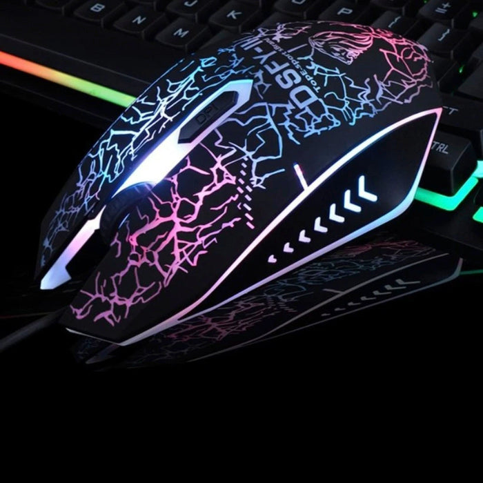 A Yellow Pandora Ninja Dragons Z4 104 Keys LED Flame Gaming Keyboard with 2000 DPI and multi-colored LED lighting is positioned on a reflective surface. The background showcases an illuminated mechanical-feeling keyboard, adding to the immersive gaming aesthetic.