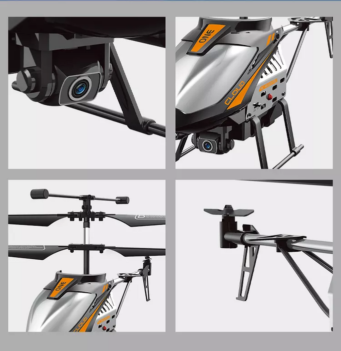 A close-up collage of the Ivory Coeus 2.4G 4CH Sky Max RC Flying Helicopter with Camera and Lights in silver and black, featuring four sections. The top left and bottom right images focus on the high-performance camera; the top right shows the drone's side with "C1.0 D" text, and the bottom left highlights the rotor blades and part of the body marked "ONE." Ideal for beginner RC pilots.