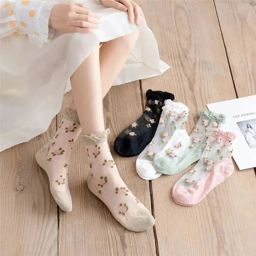 Delicate Vintage Floral Lace Ruffle Socks with Crystal Silk for Women and Girls – Kawaii Harajuku Style Crew Socks - Lacatang Shop