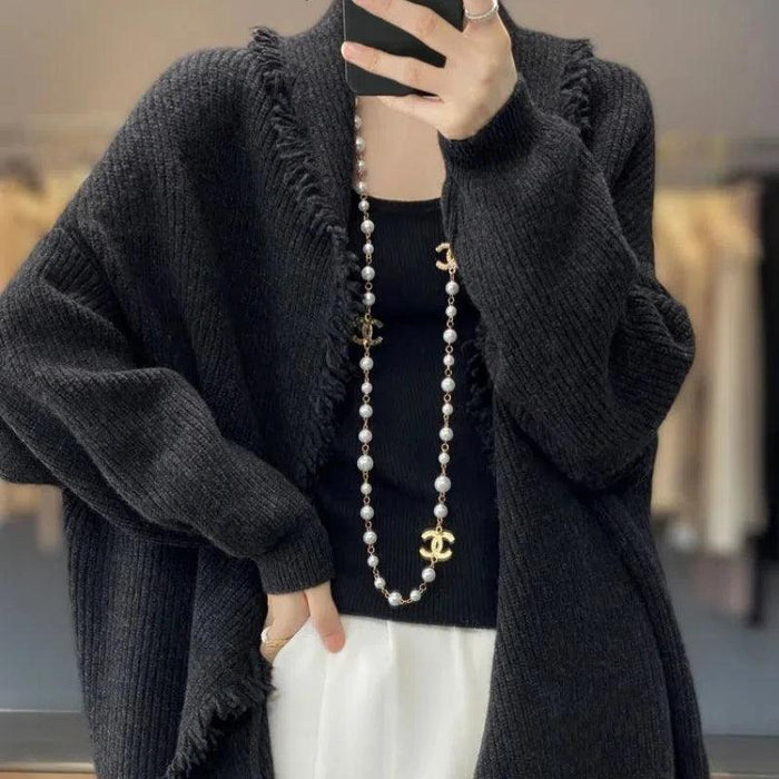 Autumn Winter New Fashion V-neck Long Sleeve Solid Tassels Cardigan Sweaters Women's Clothing Loose All-match Knitting Chic Tops - Lacatang Shop