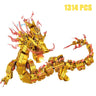 A gold-hued dragon, composed of compatible building blocks and adorned with detailed red accents, crafted from safe, non-toxic ABS material. The dragon is elegantly coiled with its head elevated and mouth agape against a simple white backdrop. In the top right corner, there's text stating 