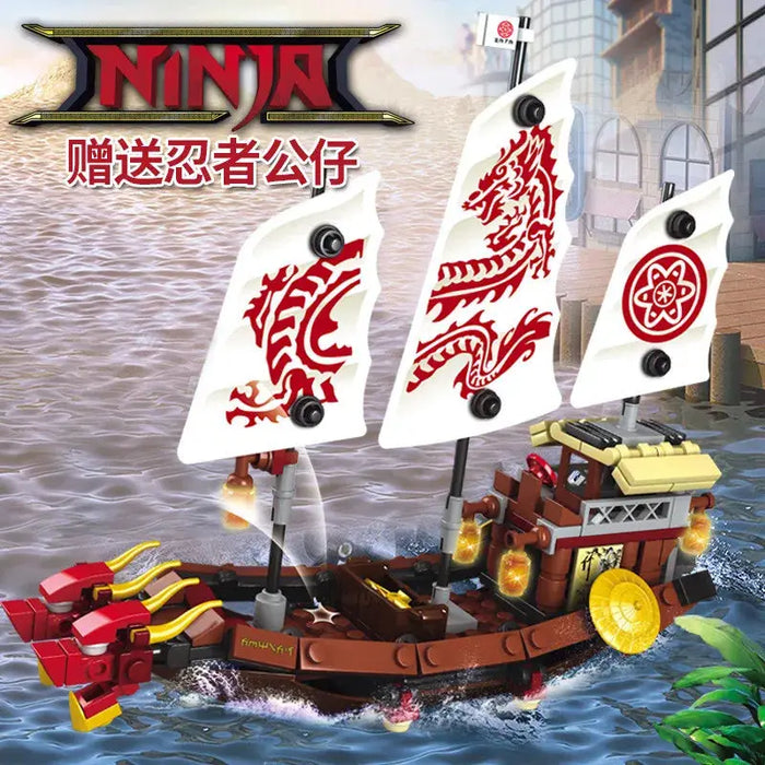 Experience building the New Phantom Ninja Dragon Ship Model from Lacatang Shop, featuring white sails with red dragon designs, expertly crafted using non-toxic ABS for a safe assembly. Set against a watery backdrop, this model showcases lanterns and intricate hull details. Compatible brick toys ensure an engaging assembly process, with Chinese text elegantly displayed in the branding at the top.