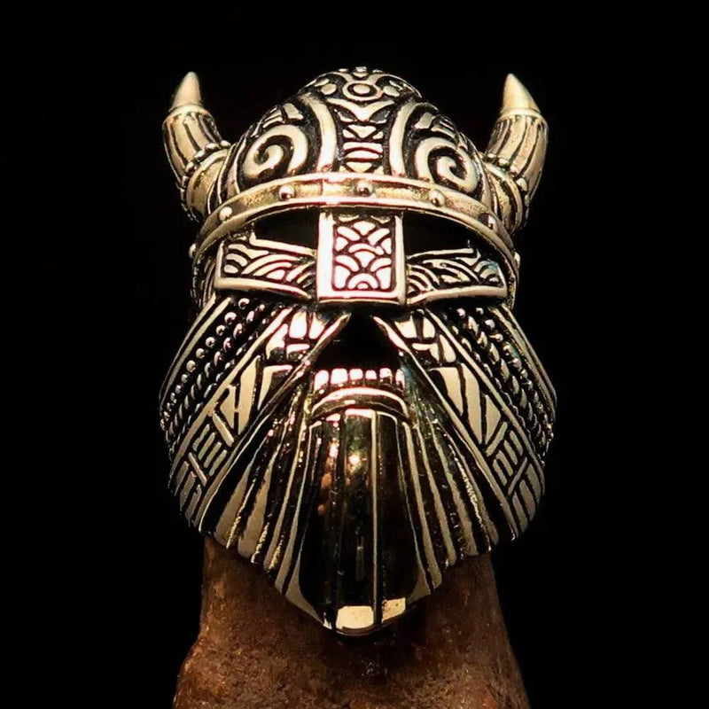 Exquisitely Crafted Men's Horned Viking Warrior Ring in Antiqued Brass