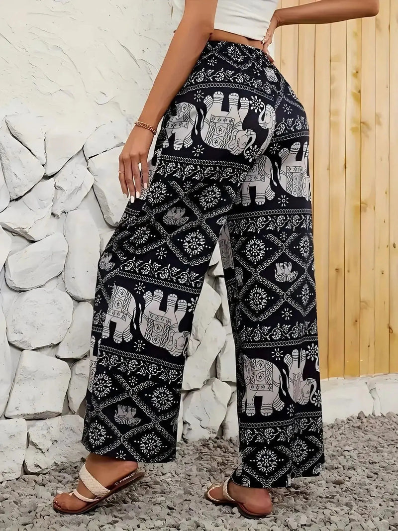 Fashion Women Wide Leg Pants High Waist Thailand Elephant Print Pant Summer Thin Straight Trousers Casual Bottom Female Clothing - Lacatang Shop