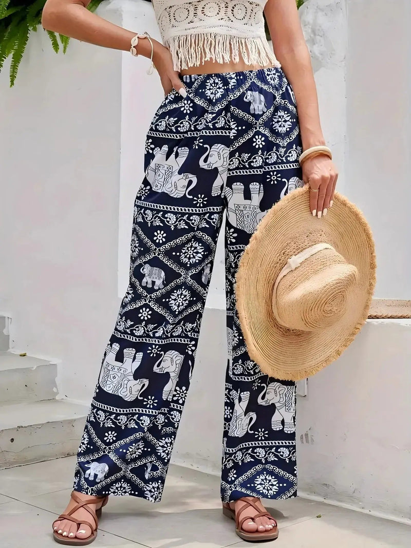 Fashion Women Wide Leg Pants High Waist Thailand Elephant Print Pant Summer Thin Straight Trousers Casual Bottom Female Clothing - Lacatang Shop