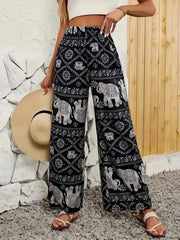 Fashion Women Wide Leg Pants High Waist Thailand Elephant Print Pant Summer Thin Straight Trousers Casual Bottom Female Clothing - Lacatang Shop