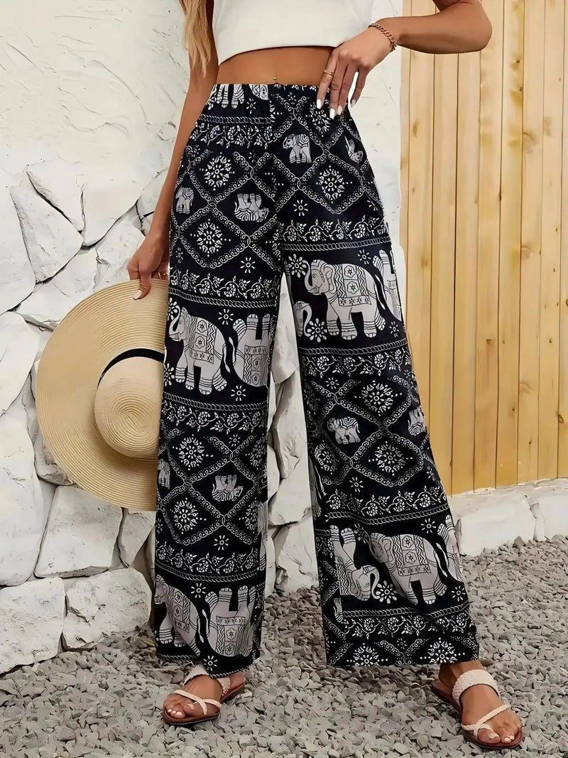 Fashion Women Wide Leg Pants High Waist Thailand Elephant Print Pant Summer Thin Straight Trousers Casual Bottom Female Clothing - Lacatang Shop