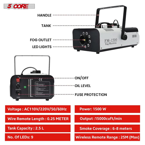 5 Core Fog Machine Indoor Outdoor 1500W 6000CFM Fogger Smoke Machine W LED 2.5 L Tank Remote - Lacatang Shop