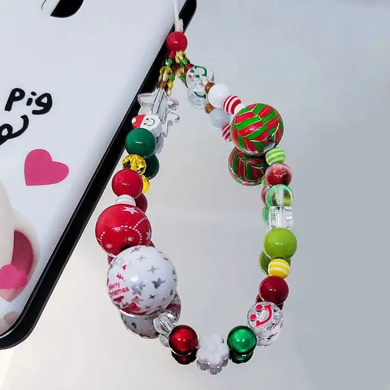 Gingerbread Man Mobile Phone Charm Strap Chain Lanyard Cute Red Green Clear Acrylic Bead Women Christmas Gifts Cellphone Jewelry - Lacatang Shop