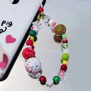 Gingerbread Man Mobile Phone Charm Strap Chain Lanyard Cute Red Green Clear Acrylic Bead Women Christmas Gifts Cellphone Jewelry - Lacatang Shop