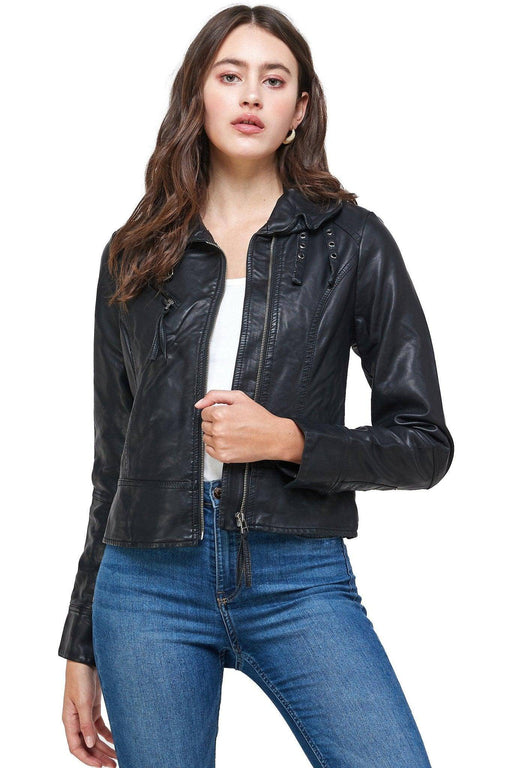 Double Buckle High Neck Vegan Leather Biker Jacket - Lacatang Shop