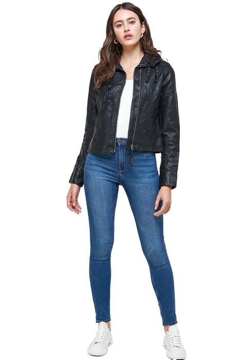 Double Buckle High Neck Vegan Leather Biker Jacket - Lacatang Shop