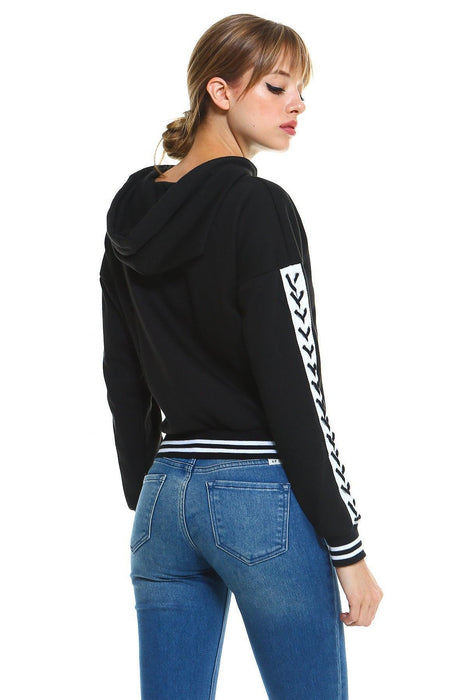 Fleece Lace Up Detail Sleeve Hooded Top - Lacatang Shop