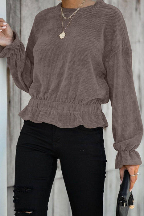 Khaki Corduroy Ruffle Frilled Long Sleeve Top - Lacatang Shop