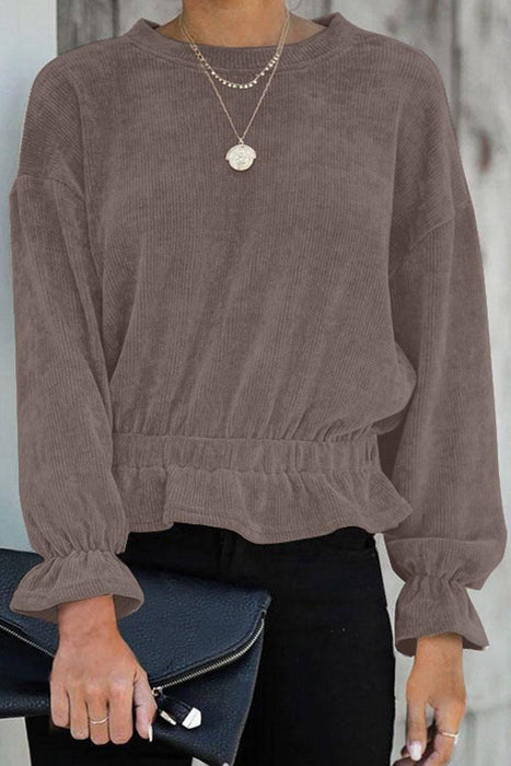 Khaki Corduroy Ruffle Frilled Long Sleeve Top - Lacatang Shop