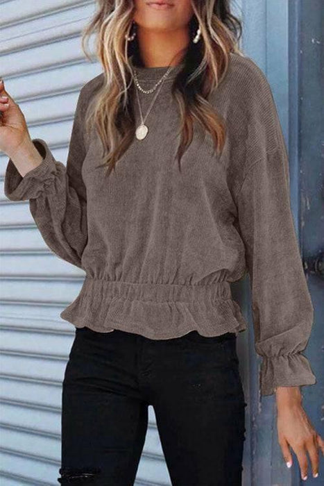 Khaki Corduroy Ruffle Frilled Long Sleeve Top - Lacatang Shop