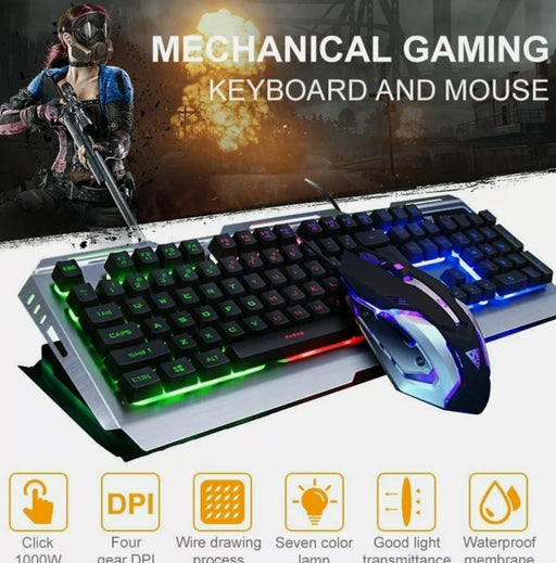 An advertisement showcases the Yellow Pandora Ninja Dragon Metallic Silver Mechanical Gaming Keyboard and Mouse Set with vibrant RGB backlighting. The USB-wired setup features adjustable DPI, a sophisticated wire drawing process, excellent light transmittance, and a waterproof membrane.