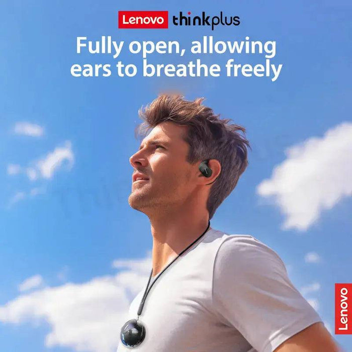 A man is outdoors against a blue sky with white clouds, wearing Lenovo Thinkplus X15 Pro Earphone Wireless Bluetooth 5.4 OWS Waterproof Sport Headsets by Lacatang Electronics. Text at the top reads, "Fully open, allowing ears to breathe freely with HiFi Sound Effect." The Lenovo logo is visible in the top left and bottom right corners.