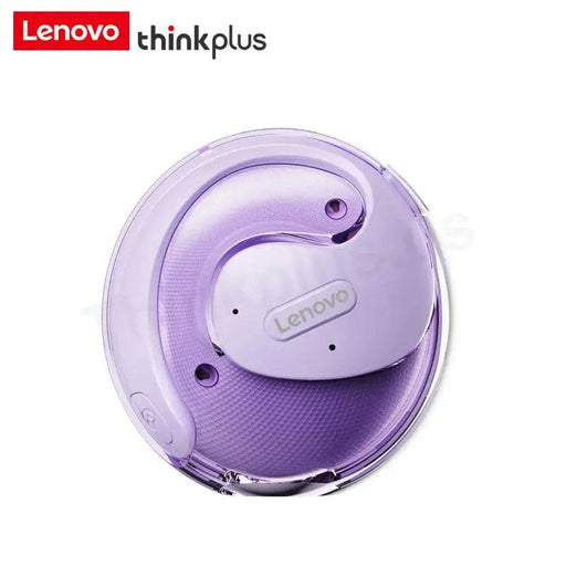 A Lenovo Thinkplus X15 Pro earphone from Lacatang Electronics, colored in lavender and supporting Bluetooth 5.4, sits inside a matching circular charging case. The curved wireless earbud offers a HiFi Sound Effect for superior audio, designed to comfortably fit the ear while incorporating Noise Reduction technology. Both the earbud and the case proudly display the Lenovo logo.