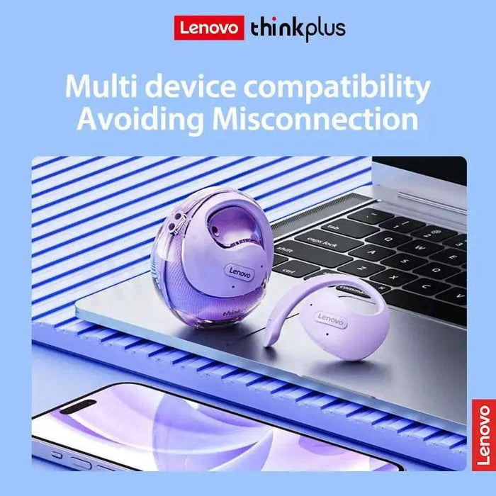 The Lacatang Electronics Lenovo Thinkplus X15 Pro Earphone Wireless Bluetooth 5.4 OWS Waterproof Sport Headsets Noise Reduction Headphones with Mic are shown in their purple variant on a table beside a laptop and a smartphone. The text reads "Multi device compatibility Avoiding Misconnection." The Lenovo logo is displayed.