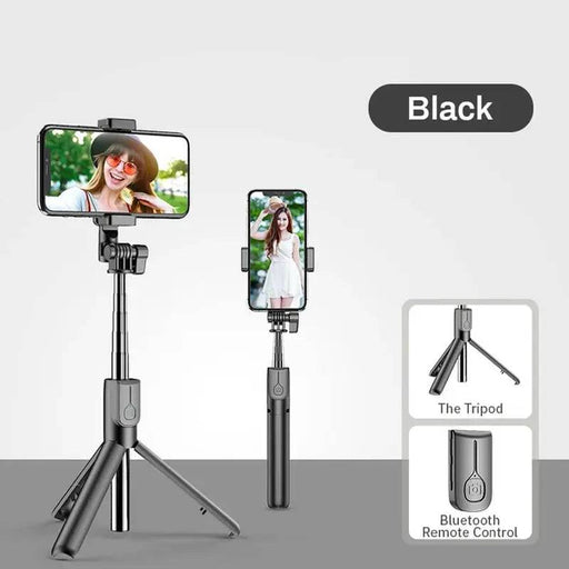 A product image featuring a black 4In1 Wireless Bluetooth Compatible Selfie Stick LED Ring Light Extendable Handheld Monopod Live Tripod from Lacatang Electronics, with a mounted smartphone displaying a woman in a hat. The inset shows close-ups of "The Tripod" and the "Detachable Wireless Remote Control," highlighting its features. Text reads "Black" at the top right corner.
