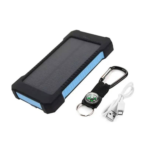 The Lacatang Electronics Solar Power Bank 500000mAh Fast Charging External Battery for Xiaomi and iPhone, featuring a black and blue rectangular casing, is displayed alongside a keychain compass attached to a carabiner and a white USB charging cable. This portable outdoor charging solution ensures you're always powered up on your adventures. Plus, enjoy the added benefit of free shipping!