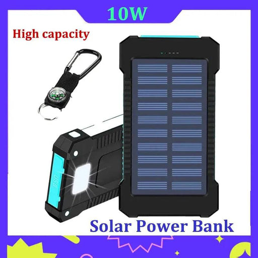 The image showcases Lacatang Electronics' Solar Power Bank, a rugged black and teal device. It highlights its impressive 500000mAh capacity and features such as a flashlight and a keychain with a compass. The text reads, "High Capacity" and "Portable Charging Solution - Solar Power Bank.