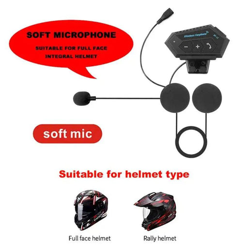 An image of the Lacatang Electronics Motorcycle Earphones Helmet Headset Bluetooth 5.0 depicts a set of wireless headphones specifically designed for full-face and rally helmets. The product includes a soft microphone, two earpieces, and a control unit. The text emphasizes the "soft microphone" feature, and accompanying images show full-face and rally helmets in use with these motorcycle earphones.