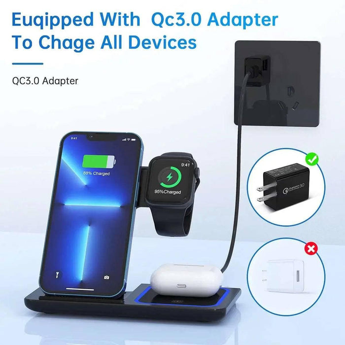 3 in 1 Wireless Charger, 18W Fast Charging Station for Iphone 15/14/13/12 /11/Pro Max/12 Pro /Xr,Wireless Charging Stand for Iwatch Series SE 9/8/7/6/5/4/3, Airpods Pro/3/2 (With QC3.0 Adapter) - Lacatang Shop