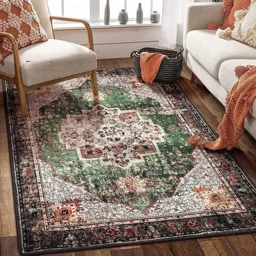 Boho Green Washable Vintage Area Rug for Kitchen, Living Room, Bedroom, Bathroom, and Office