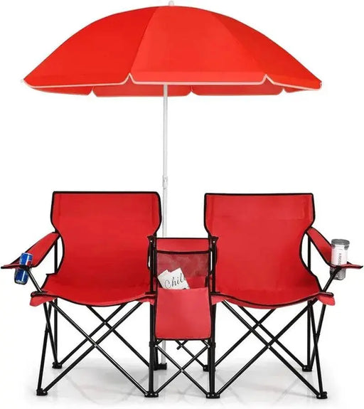 Portable Folding Double Picnic Chair with Umbrella, Built-in Table, and Cooler