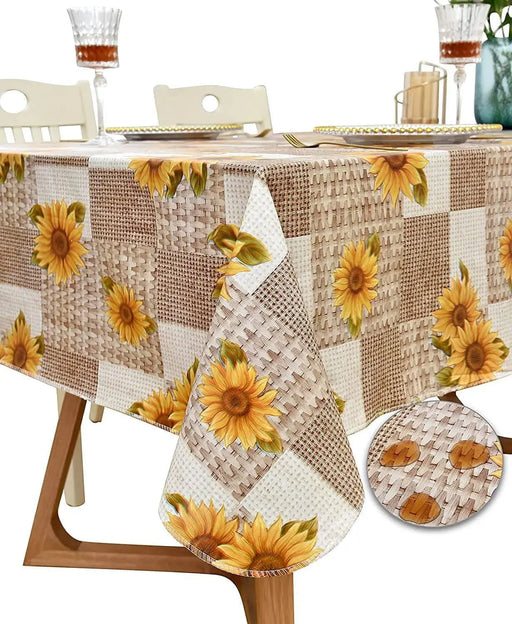Indoor Outdoor Patio Premium Vinyl Rectangular Tablecloth with Flannel Backing, Spill-Proof and Wipeable Cover, Sunflower Pattern, Fits Tables up to 60 x 84 Inches