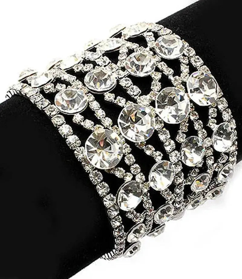Bridal Wedding Jewelry Crystal Rhinestone 4-Row Wide Silver Clear Bracelet