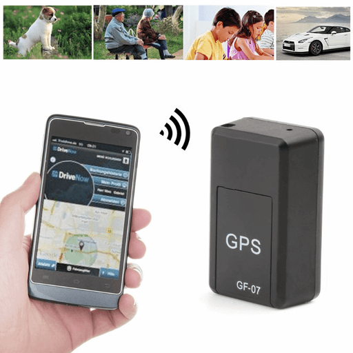 A hand holding a smartphone displays a GPS tracking app, connected wirelessly to a small black Lilac Milo magnetic mini car tracker labeled "Magnetic Mini Car Tracker GPS Real Time Tracking Locator." Above the phone are images of a dog, an older couple, children with backpacks, and a car. The real-time tracking by the GPS ensures their safety with an SOS alarm feature.