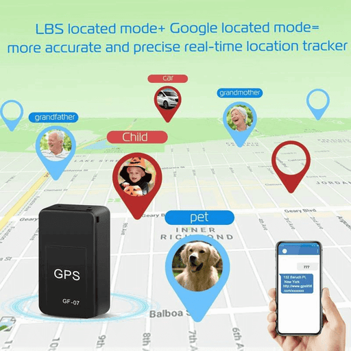 An image depicting the Lilac Milo Magnetic Mini Car Tracker GPS Real Time Tracking Locator in action. The graphic displays the sleek device along with a smartphone app that shows location pins labeled "child," "car," "grandfather," "grandmother," and "pet" on a map background. Above the map, text reads, "LBS located mode + Google located mode = more accurate and precise real-time location tracker.