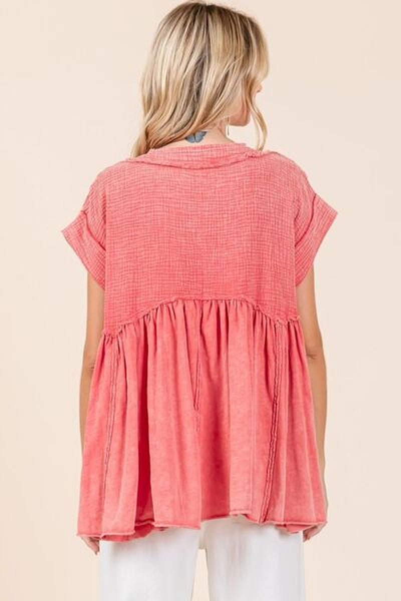 Mittoshop Mixed Media Mineral Wash Babydoll Short Sleeve Blouse - Lacatang Shop