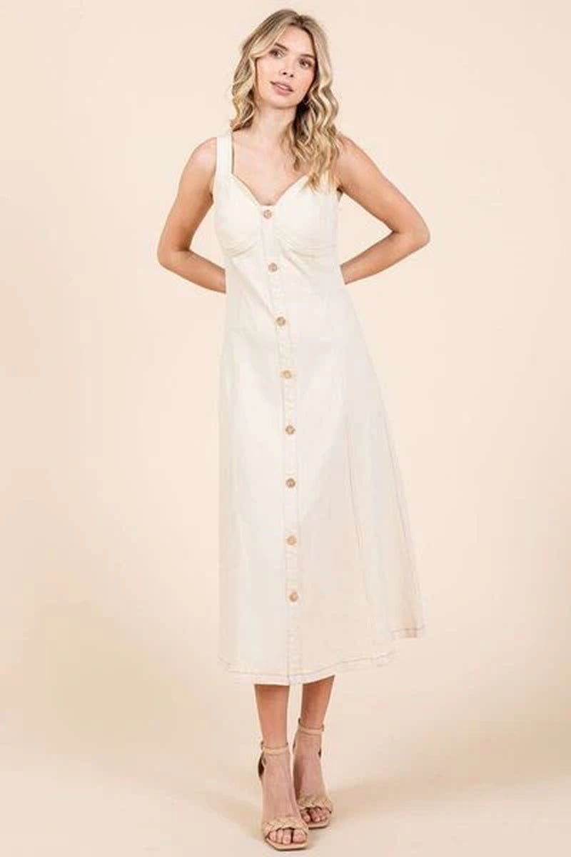 Mittoshop Stretch Twill Decor Button Sleeveless Midi Dress - Lacatang Shop