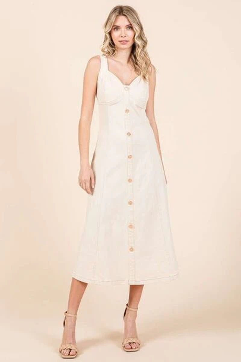 Mittoshop Stretch Twill Decor Button Sleeveless Midi Dress - Lacatang Shop
