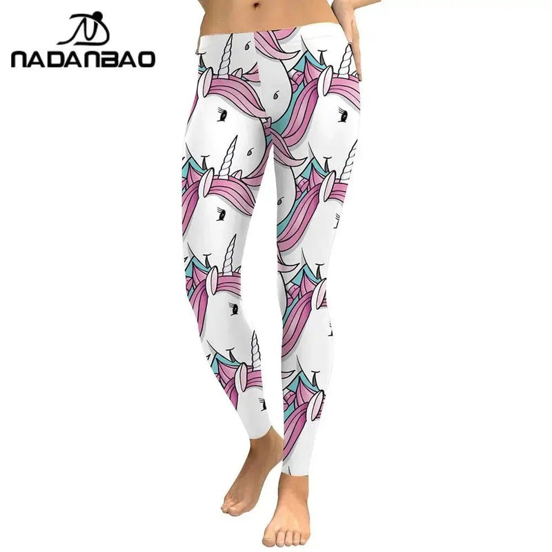 NADANBAO White Cute Unicorn Fashion Leggings Woman Mid Waist Stretchy Trousers GYM Jogging Fitness Pants 2021 New Streetwear - Lacatang Shop