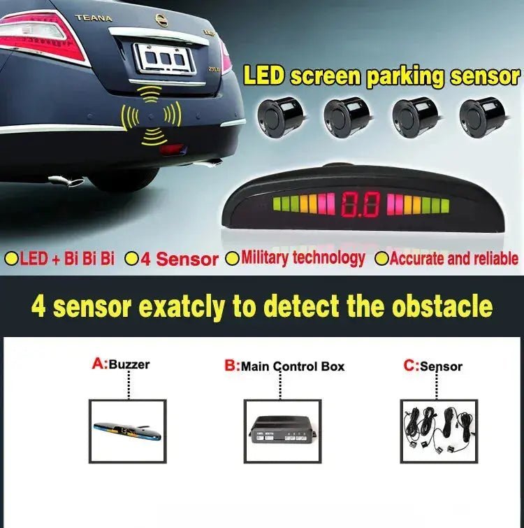 New LED Parking Sensor System Backlight Parktronic Monitor Display Kit Backup Detector Assistant 4 Probes - Lacatang Shop