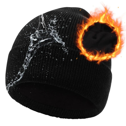 Oversize L/XL/XXL Beanie Hat for Big Heads - Waterproof Merino Wool Blend Beanie Fleece Lined Hat for All - Weather Winter Warm Black - Lacatang Shop