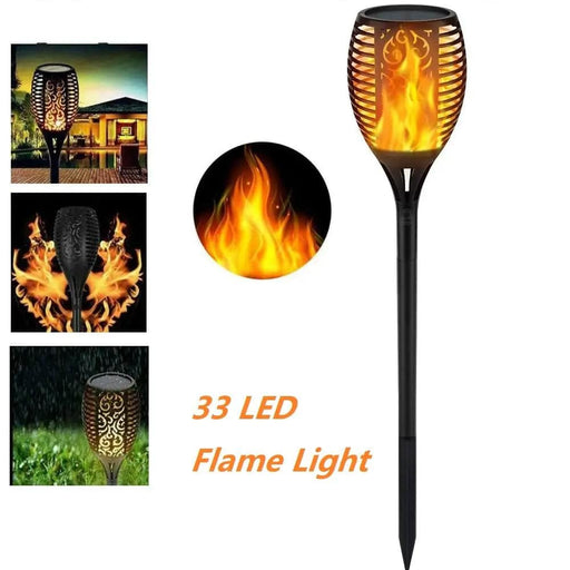 Image featuring the Pink Iolaus 33 LED Outdoor Waterproof Solar Powered Small Torch Flame Light with a stake, showcasing its realistic flickering flame design. Three smaller images in the corners show it illuminated at night in different environments. "33 LED Flame Light" is written in orange text. This solar-powered garden light boasts a waterproof build and a strikingly realistic flame effect.