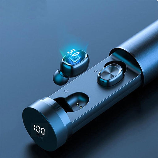 Experience a sleek and futuristic audio experience with the Ninja Dragons T8 True Wireless Bluetooth 5.0 Earbuds from Yellow Pandora. The accompanying charging case boasts a clear LED display reading "100," while each earbud features a glowing blue "5.0" icon, signifying advanced Bluetooth 5.0 connectivity. Immerse yourself in 8D surround sound from the Dragon T8 Ultra Powertube setup, showcased on a smooth, reflective surface complemented by cool ambient lighting.